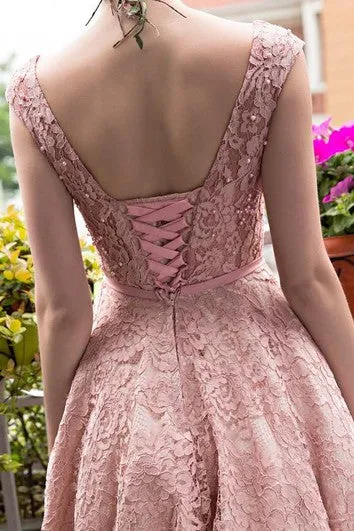 A-Line Bateau Lace Pearls Tea-Length Prom Dress