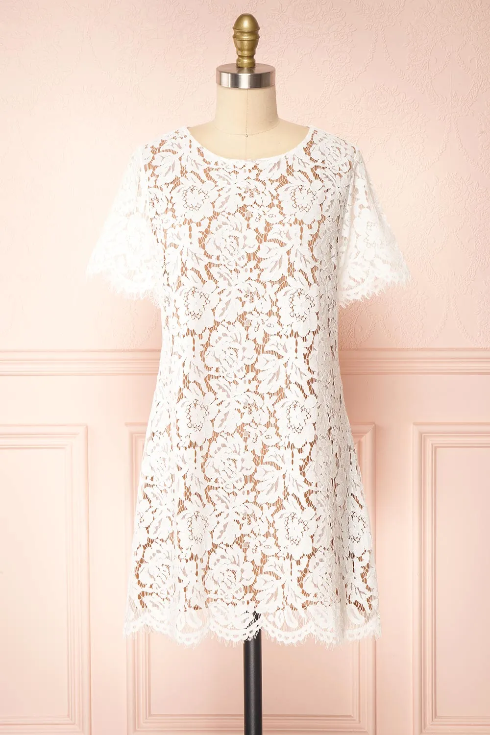 Apama White | Floral Lace Short Sleeve Dress