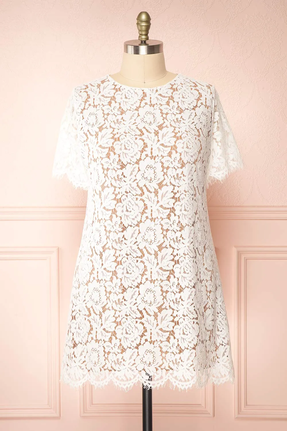 Apama White | Floral Lace Short Sleeve Dress