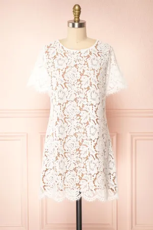 Apama White | Floral Lace Short Sleeve Dress
