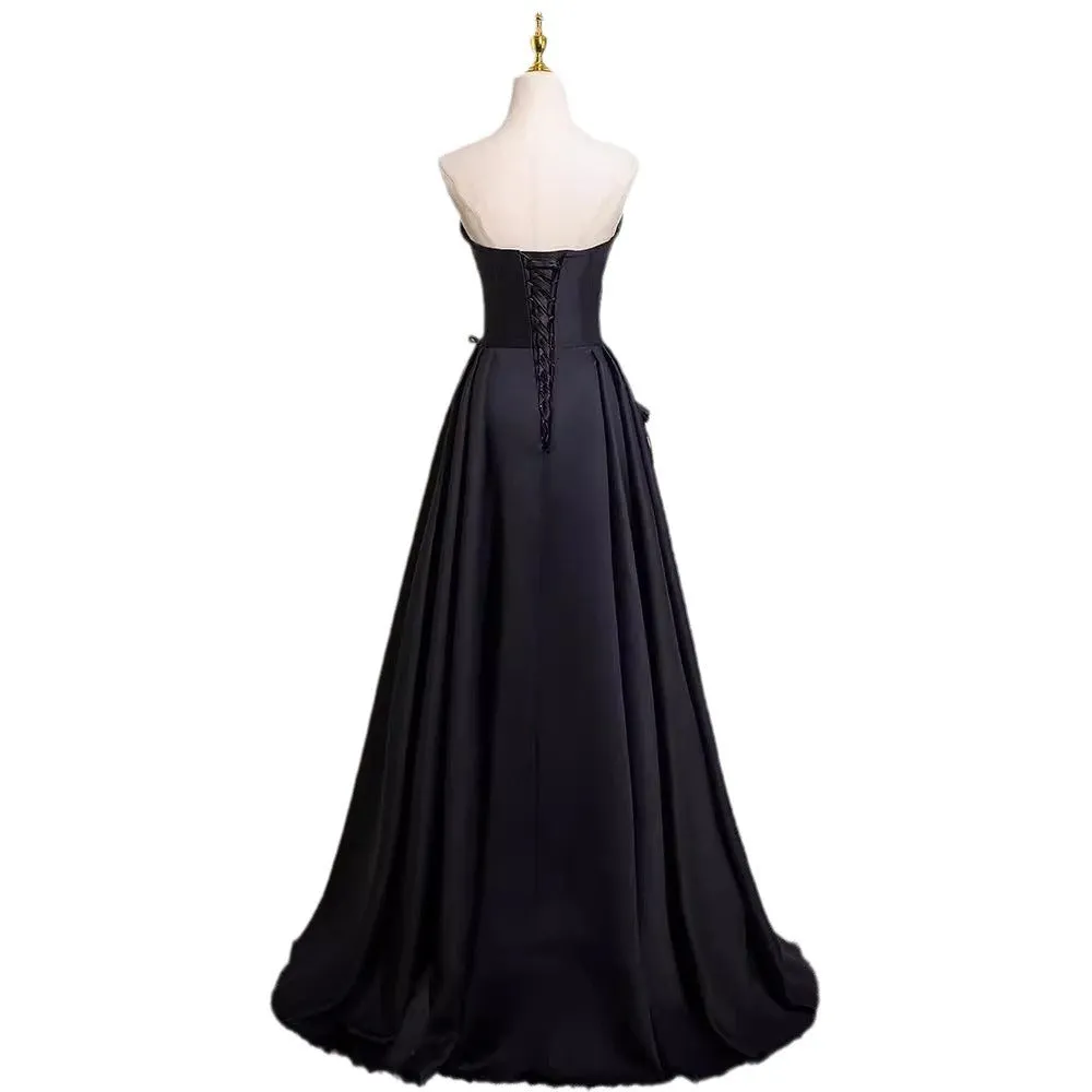 Black Strapless Gown  Elegant Bow-Back Dress for Brides or Evening Hosting