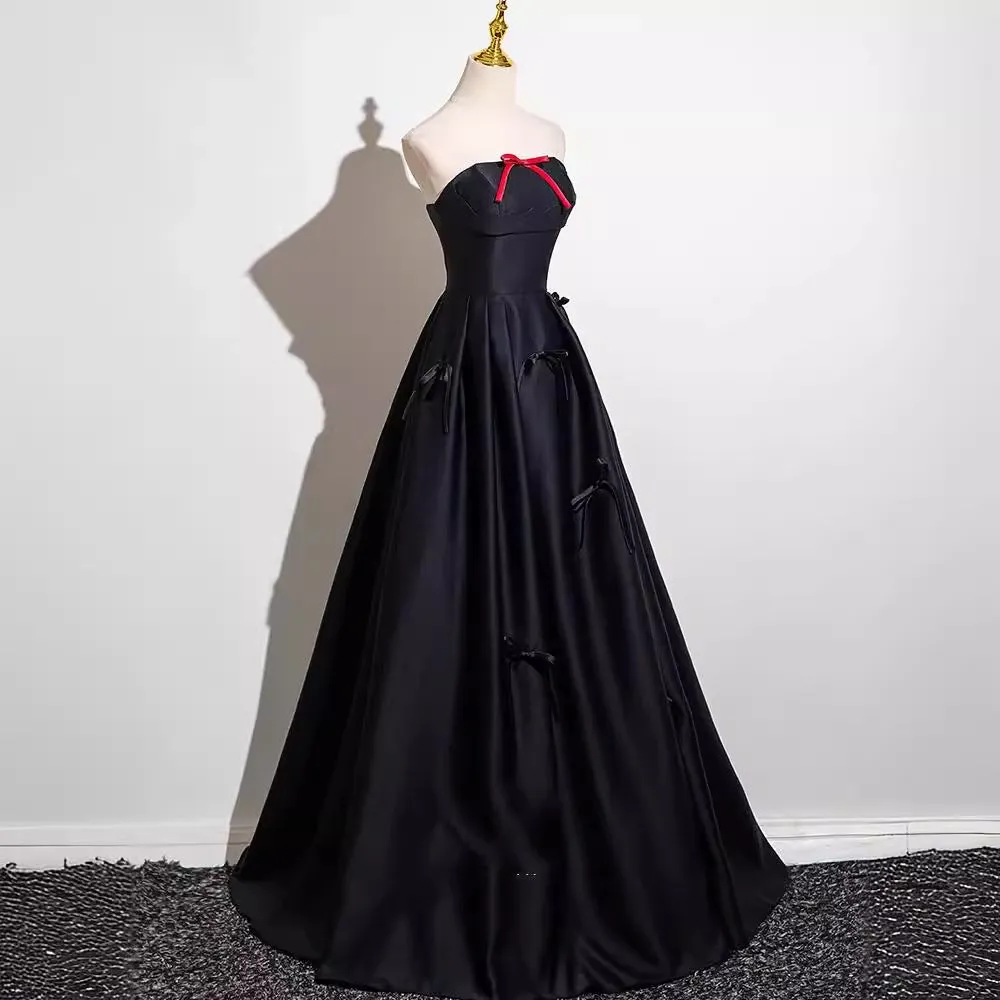 Black Strapless Gown  Elegant Bow-Back Dress for Brides or Evening Hosting