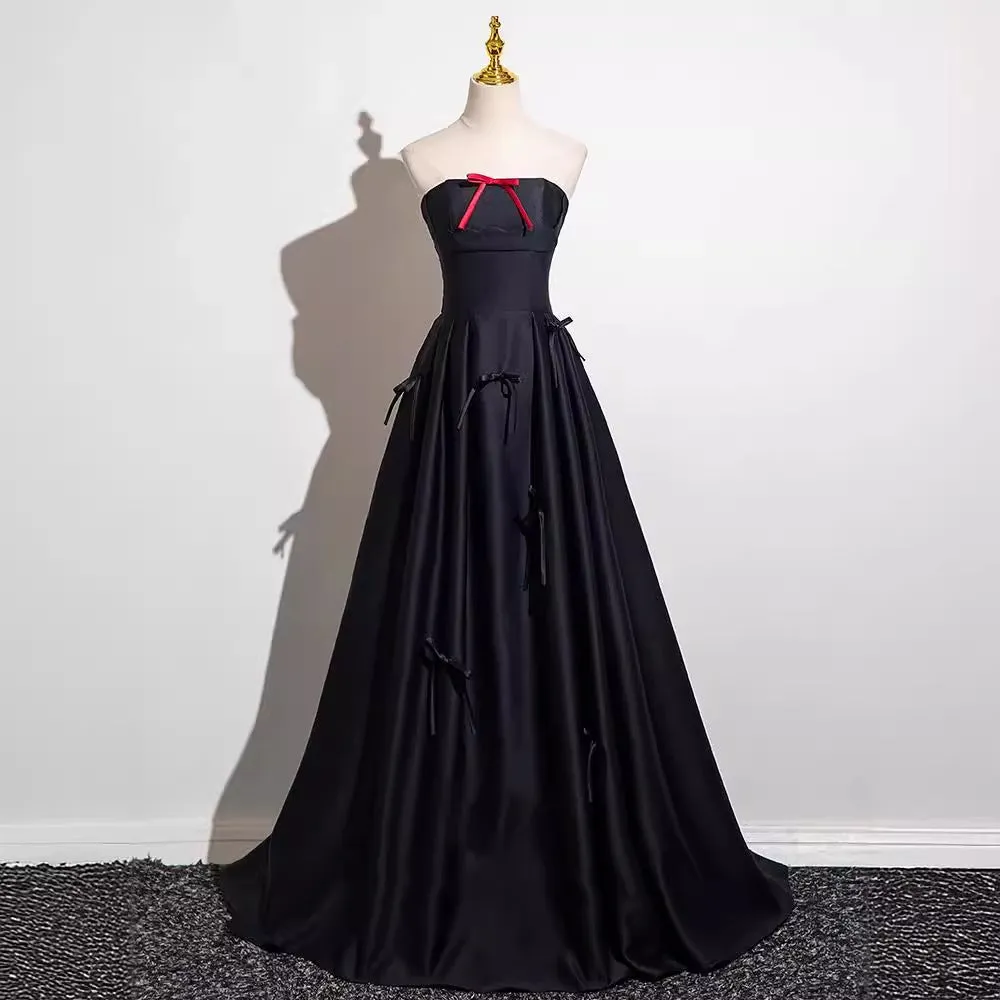 Black Strapless Gown  Elegant Bow-Back Dress for Brides or Evening Hosting