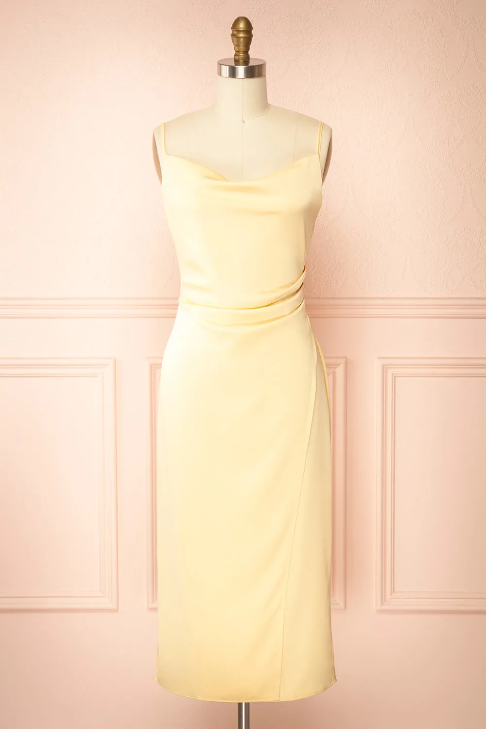 Chloe Light Yellow | Cowl Neck Satin Midi Slip Dress
