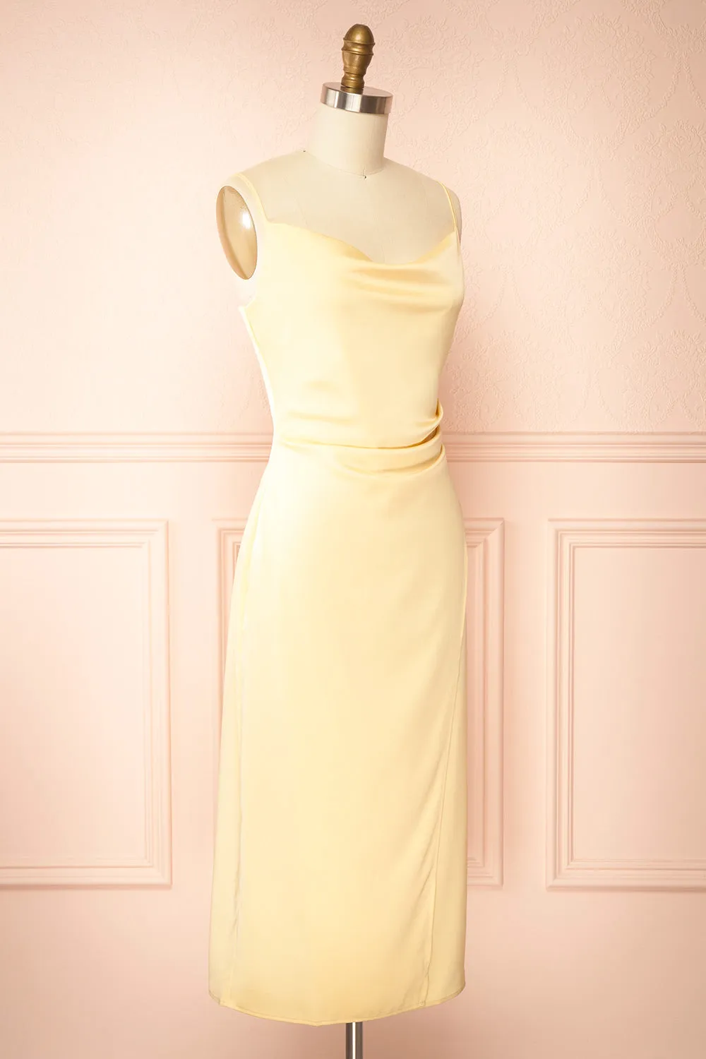 Chloe Light Yellow | Cowl Neck Satin Midi Slip Dress