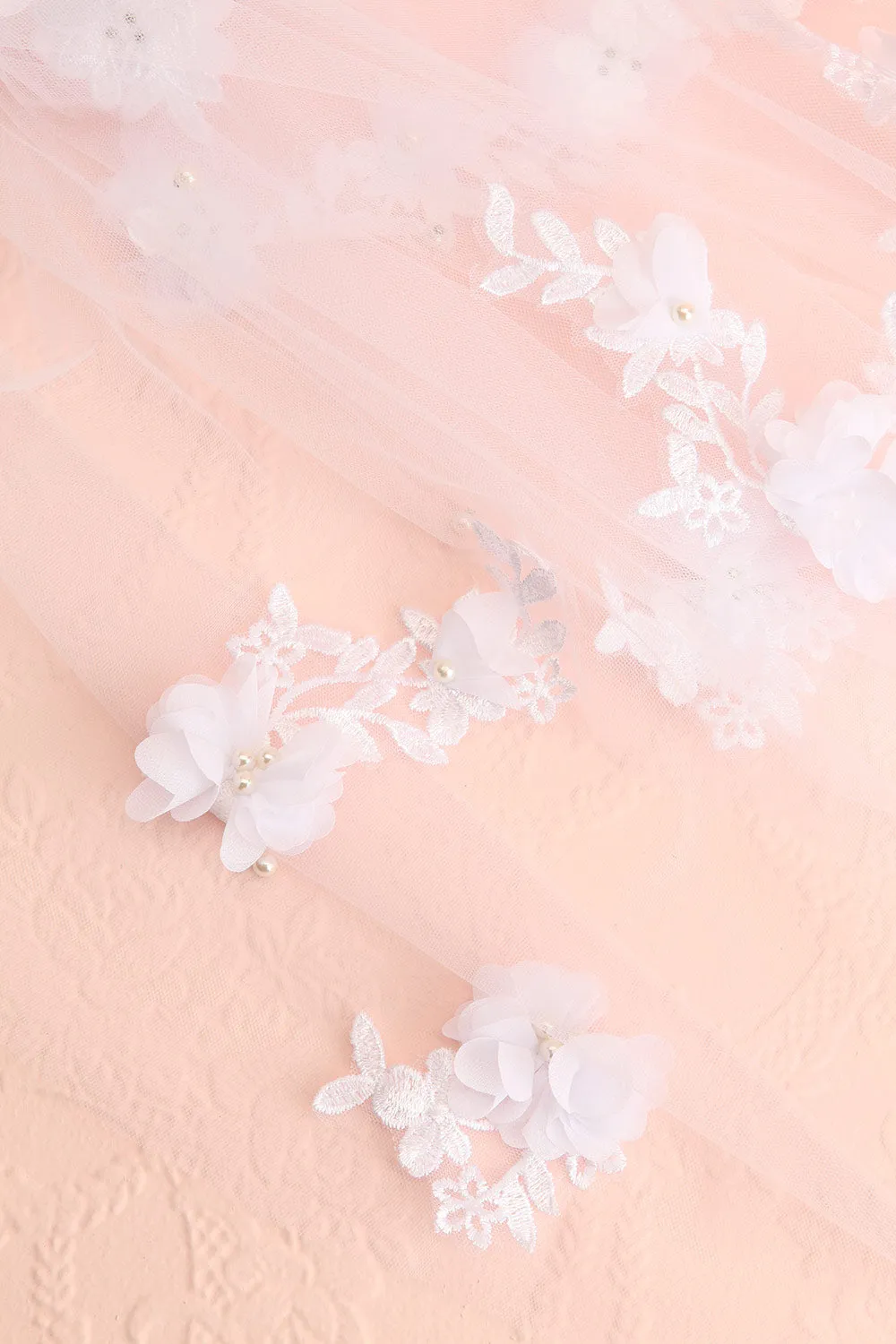 Cortege |  White Tulle Wedding Veil with Floral Appliqus
