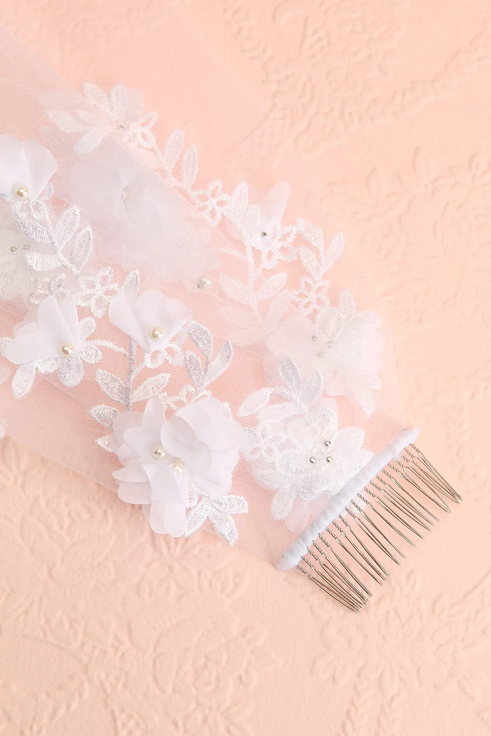 Cortege |  White Tulle Wedding Veil with Floral Appliqus