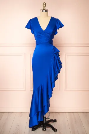 Eirlys Blue | Asymmetrical Satin Dress w/ Ruffles