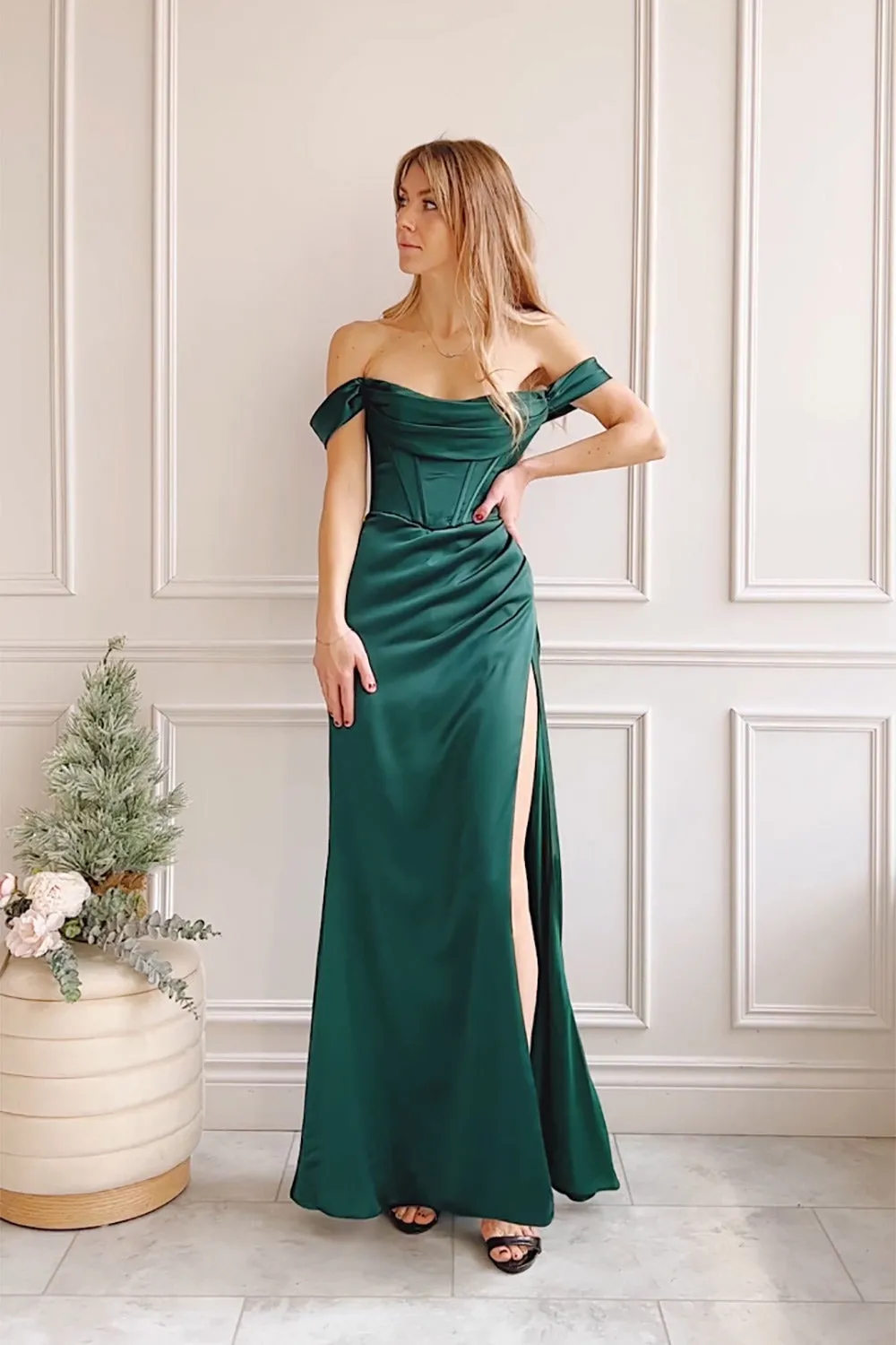 Evolet Green | Off-Shoulder Corset Maxi Dress