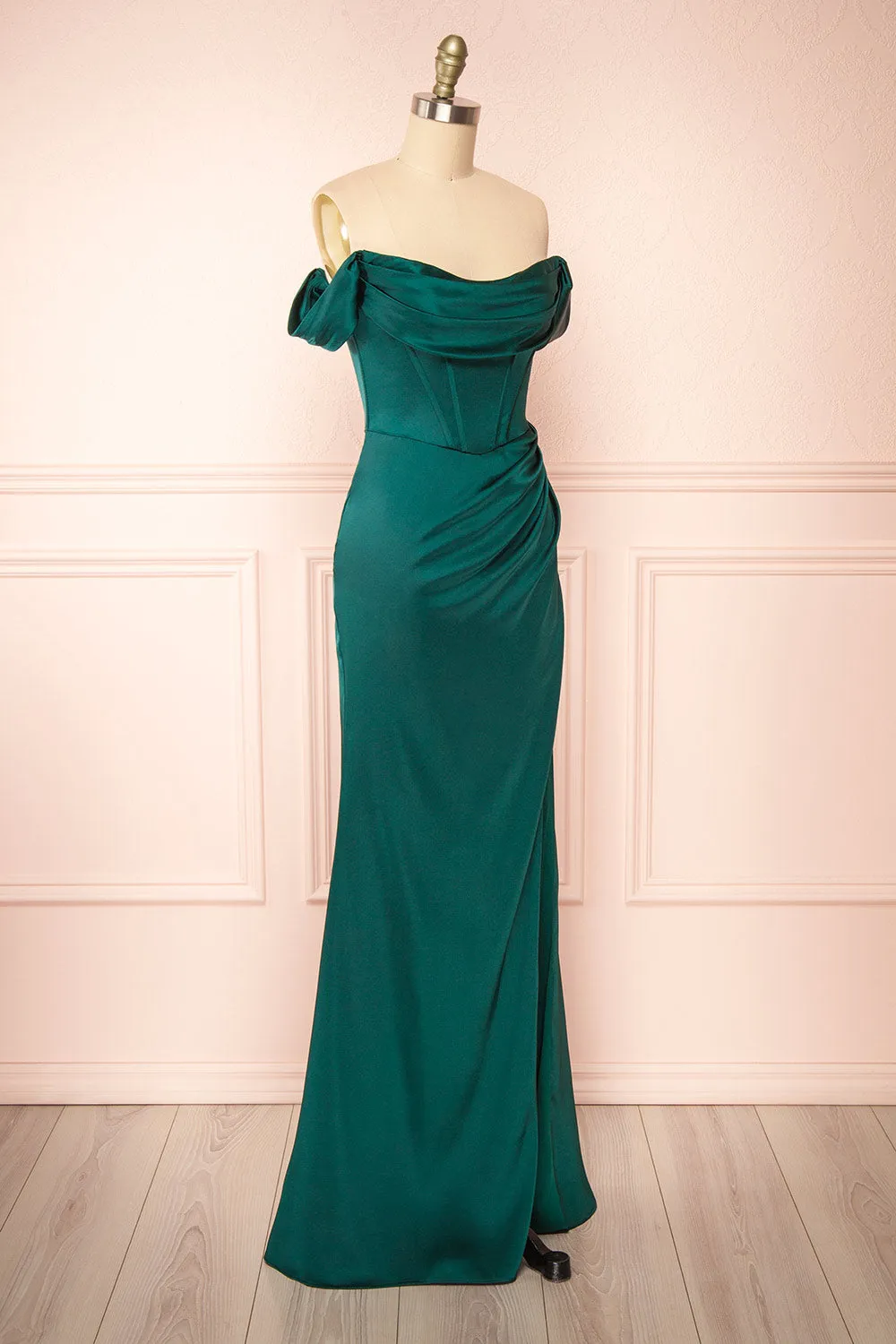 Evolet Green | Off-Shoulder Corset Maxi Dress