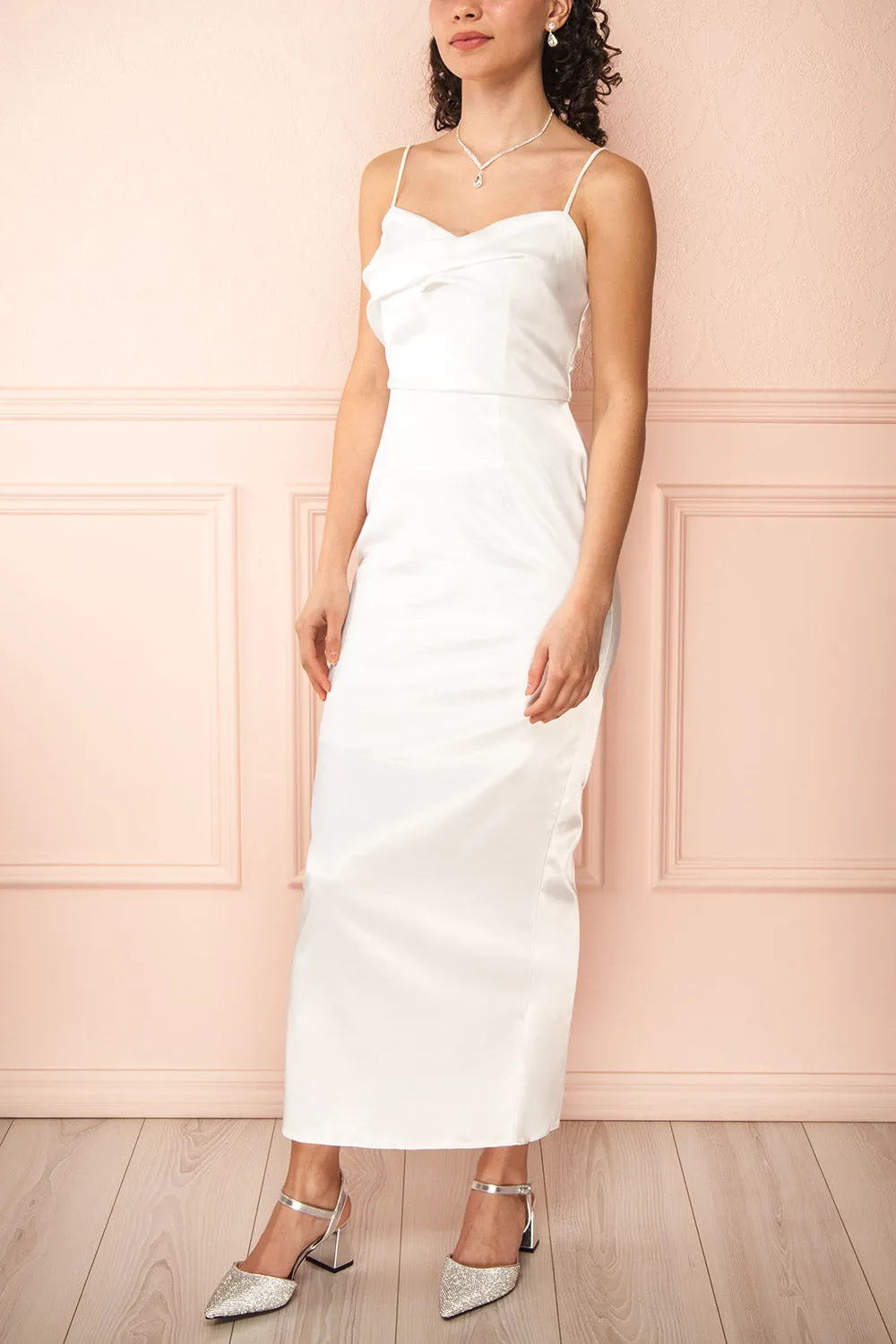 Galilea | White Satin Midi Dress w/ Twist Front