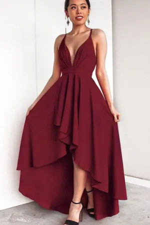High-Low Sexy A Line Plunging Neck Evening Dress