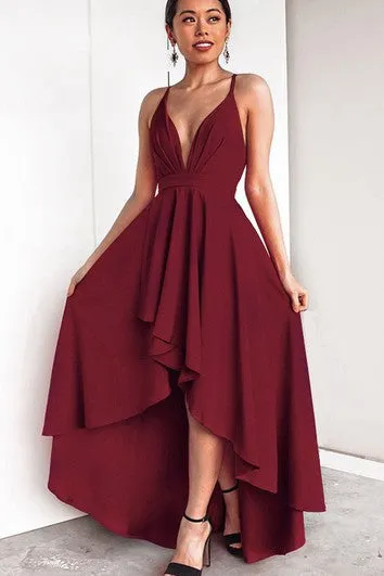 High-Low Sexy A Line Plunging Neck Evening Dress