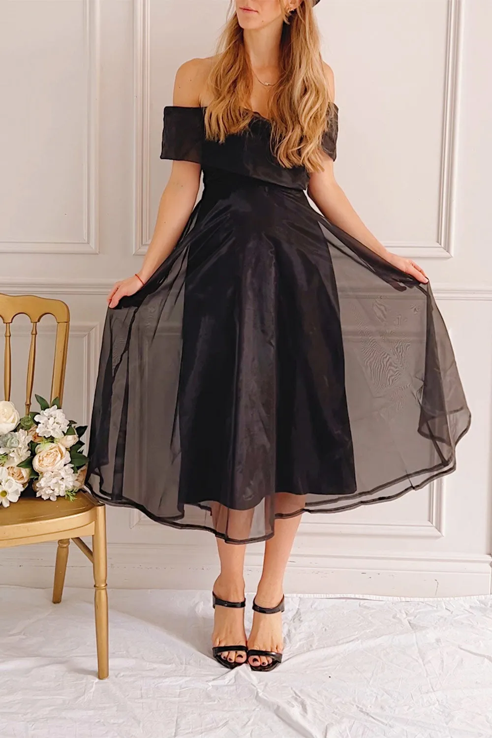 Holly Black | Off-Shoulder Organza Midi Dress