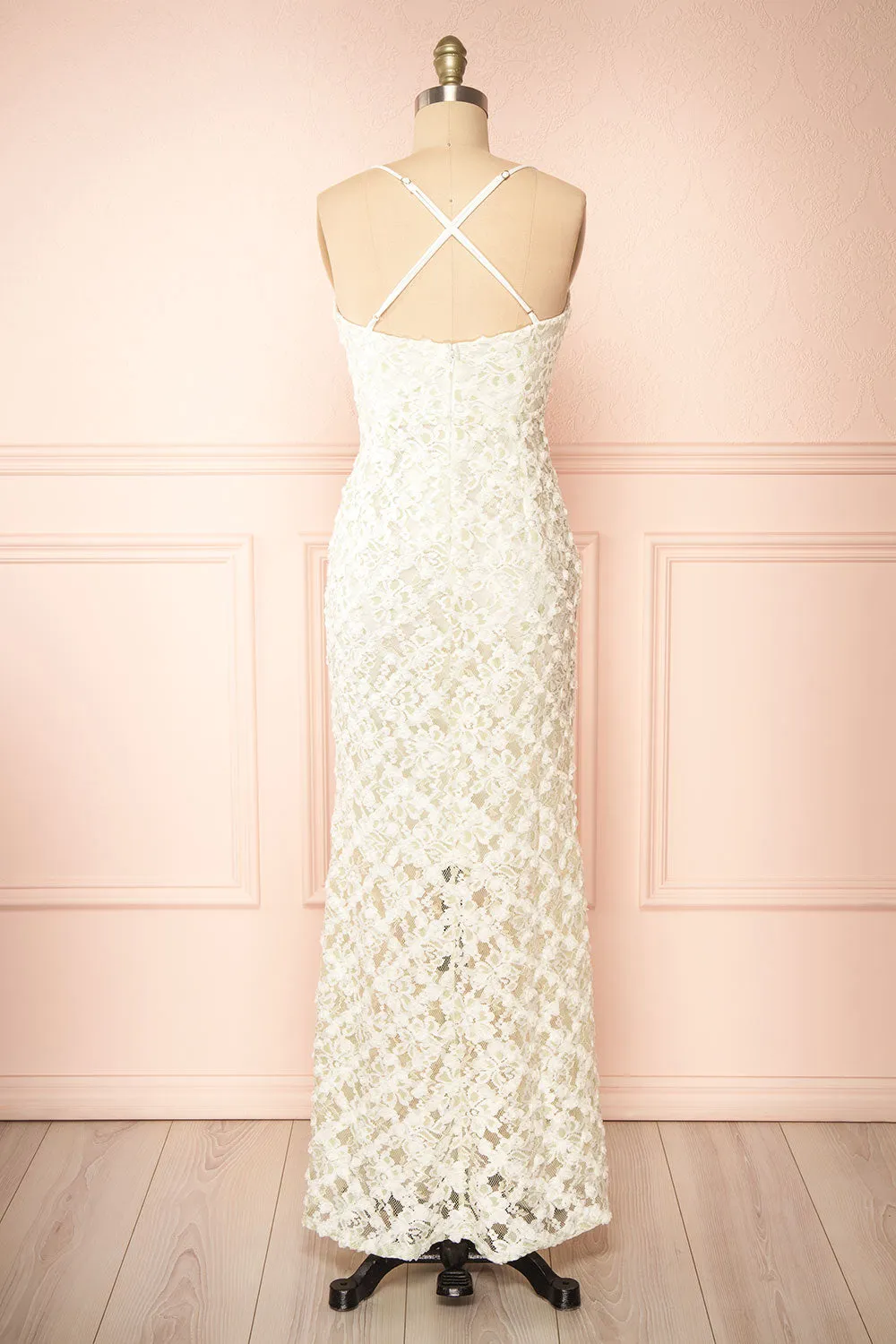 Marania | White & Green Floral Lace Dress