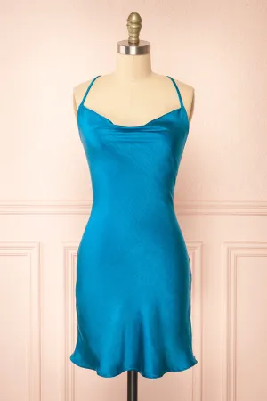 Mariam | Short Blue Satin Dress w/ Open Back