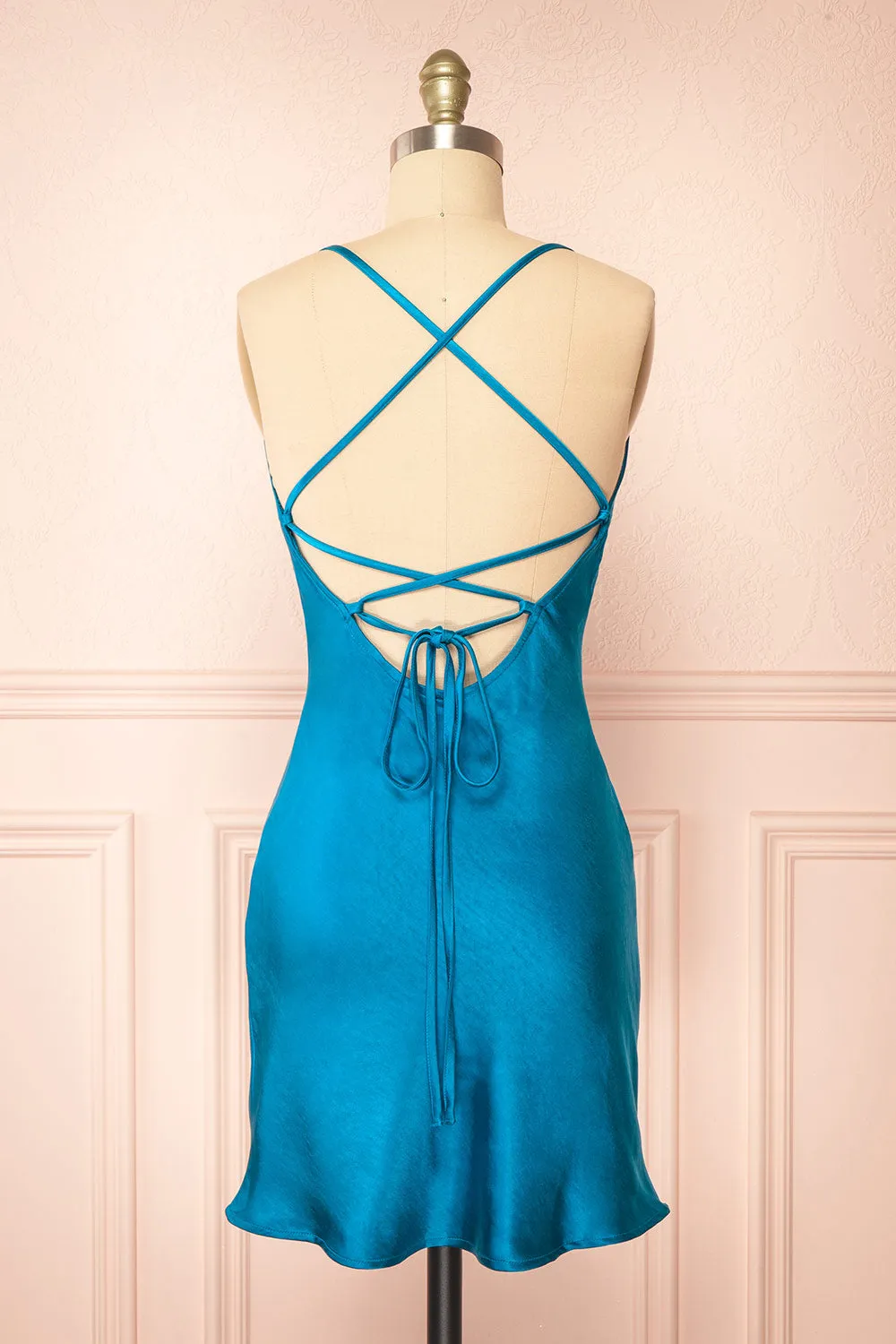 Mariam | Short Blue Satin Dress w/ Open Back