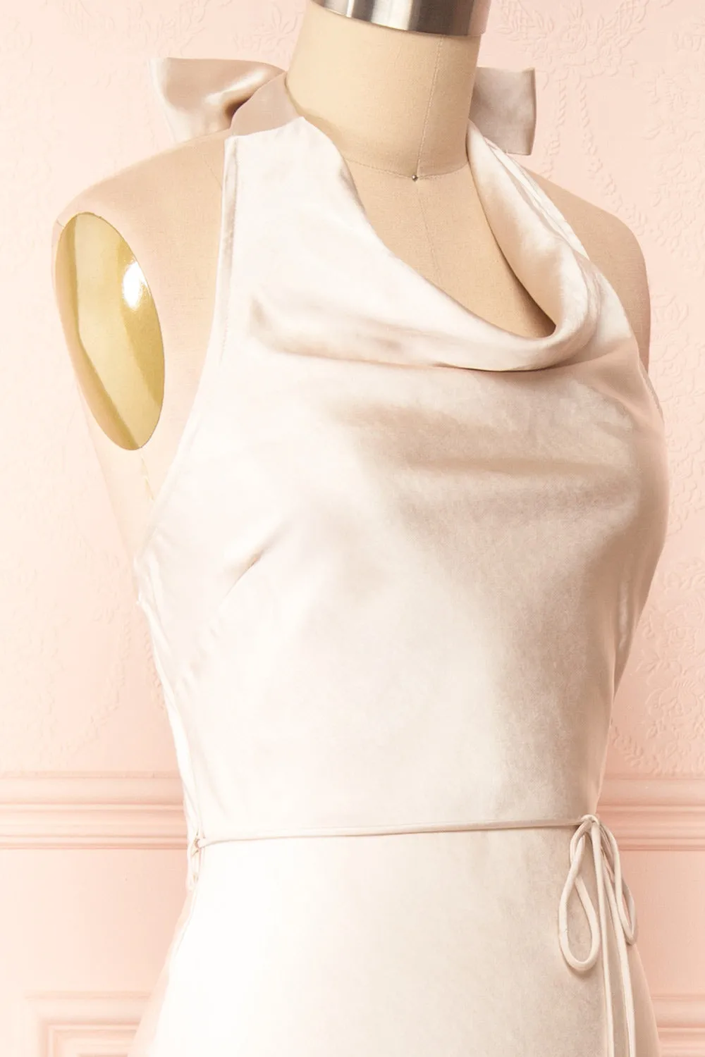 Masa Champagne | Cowl Hatler Neck Satin Maxi Dress