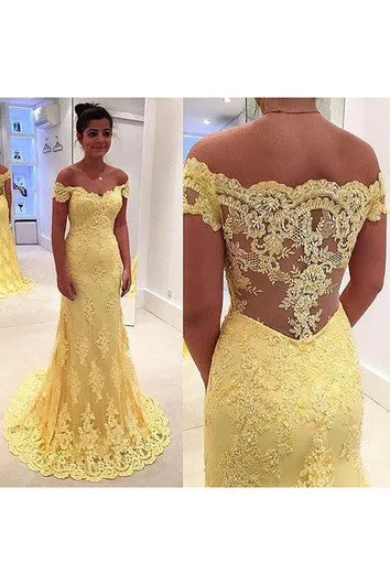 Modern Yellow Lace Appliques Evening Dress Mermaid Off-the-shoulder