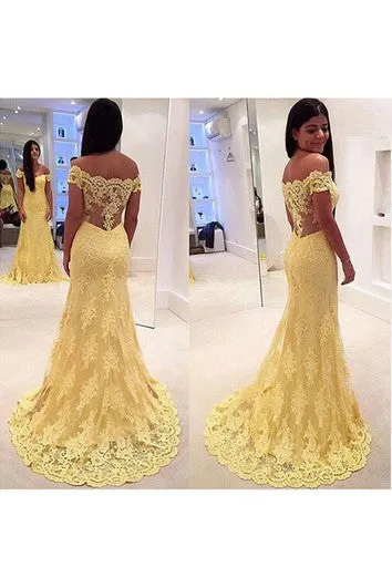Modern Yellow Lace Appliques Evening Dress Mermaid Off-the-shoulder