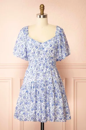 Nafissa | Short Blue Floral Dress with Back Tie