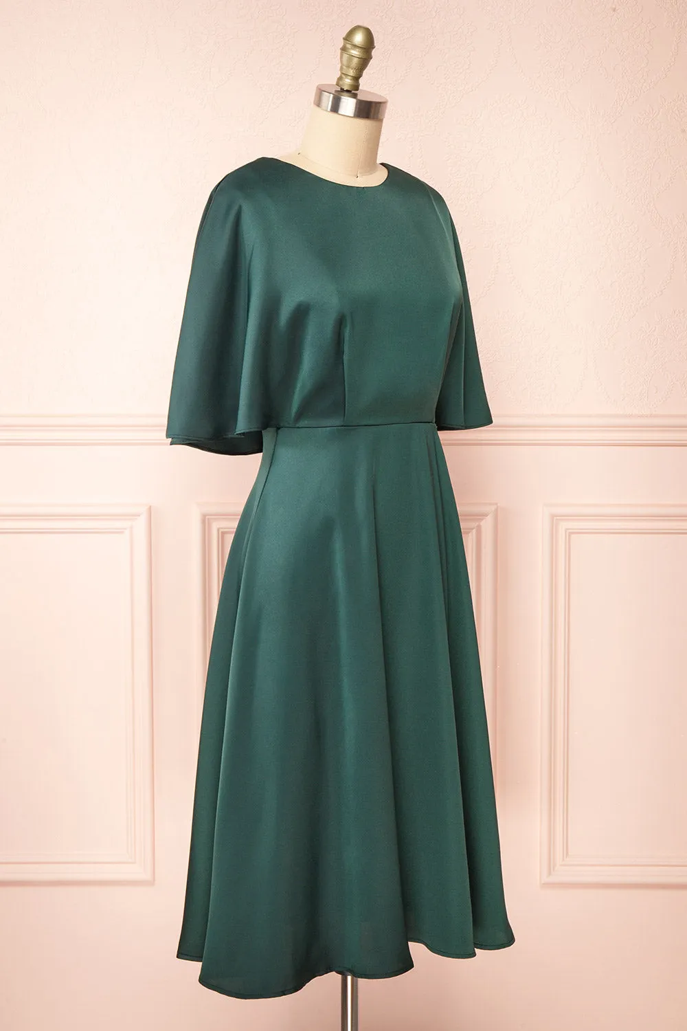 Tordis Green | Satin Midi Dress w/ Bell Sleeves